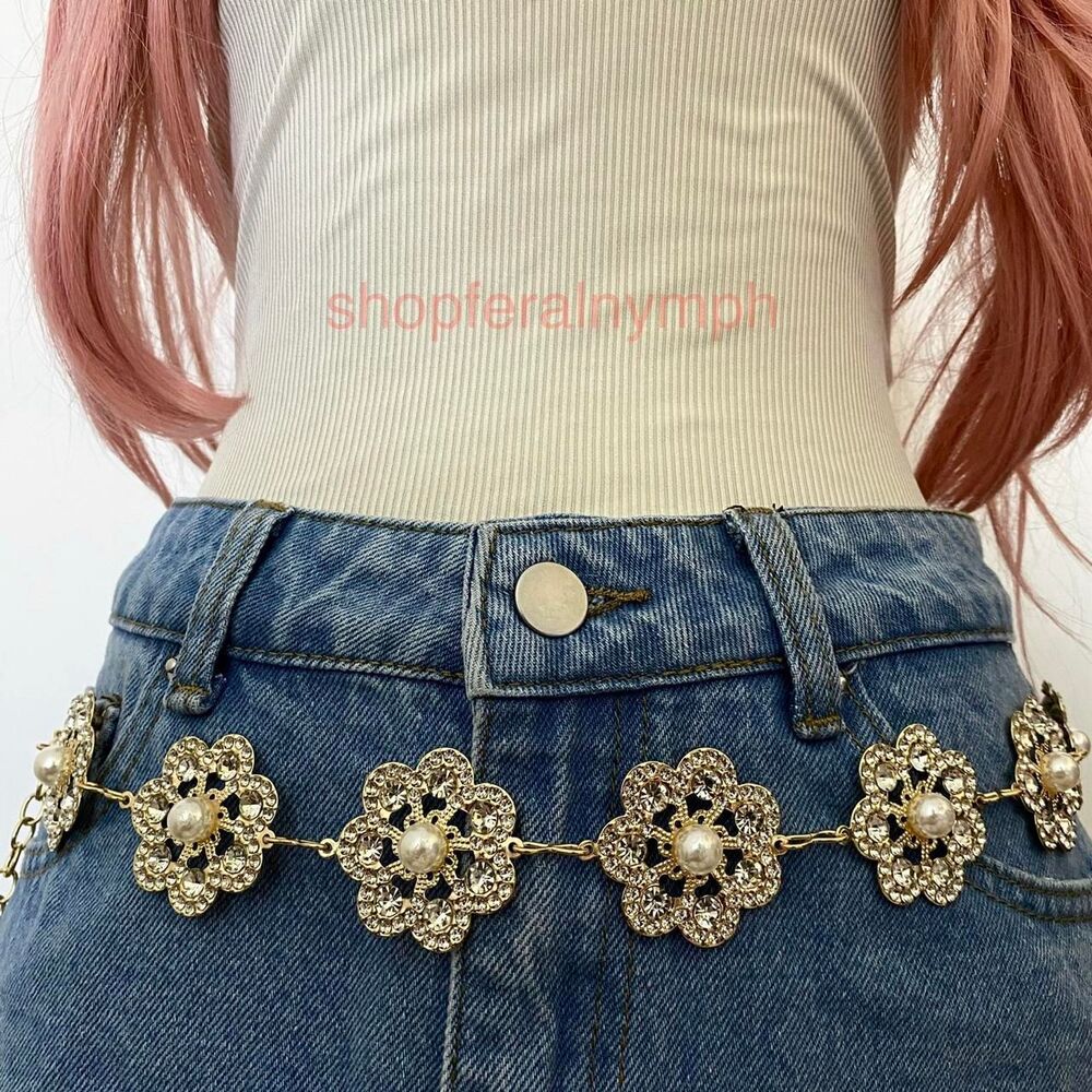 Gold Y2K Glam Pearl Rhinestone Flower Chain Belt, Fits 25-42 Inches, X7GA1497